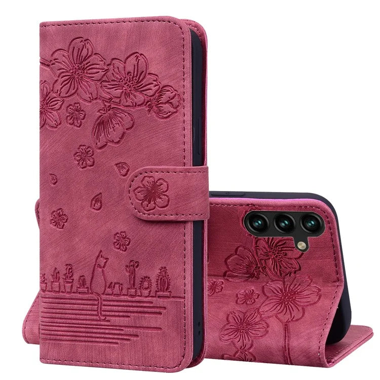 For Samsung Galaxy A55 5G Leather Case Imprinted Flower Cat Phone Cover with Hand Strap