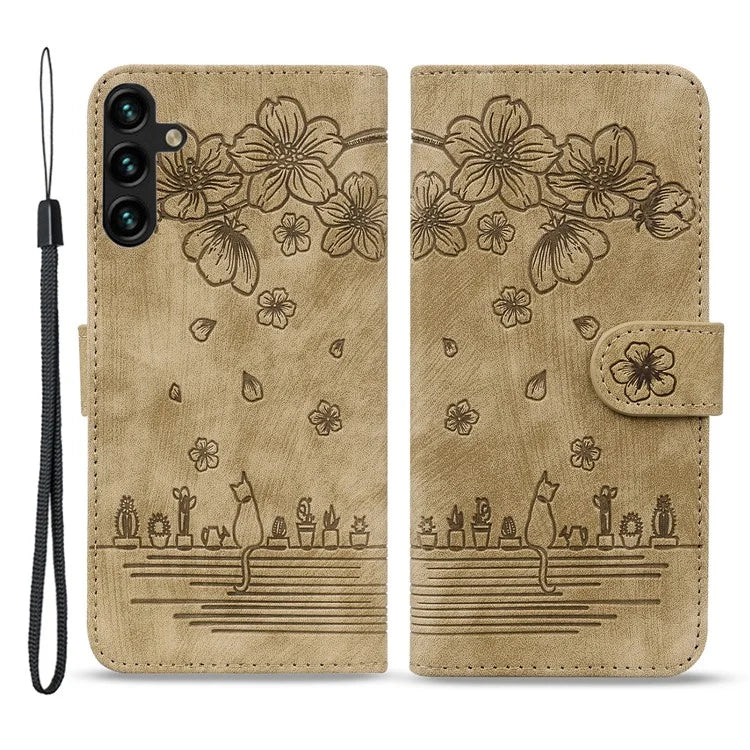 For Samsung Galaxy A55 5G Leather Case Imprinted Flower Cat Phone Cover with Hand Strap