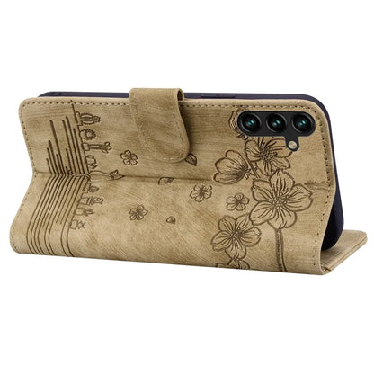 For Samsung Galaxy A55 5G Leather Case Imprinted Flower Cat Phone Cover with Hand Strap
