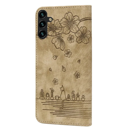 For Samsung Galaxy A55 5G Leather Case Imprinted Flower Cat Phone Cover with Hand Strap