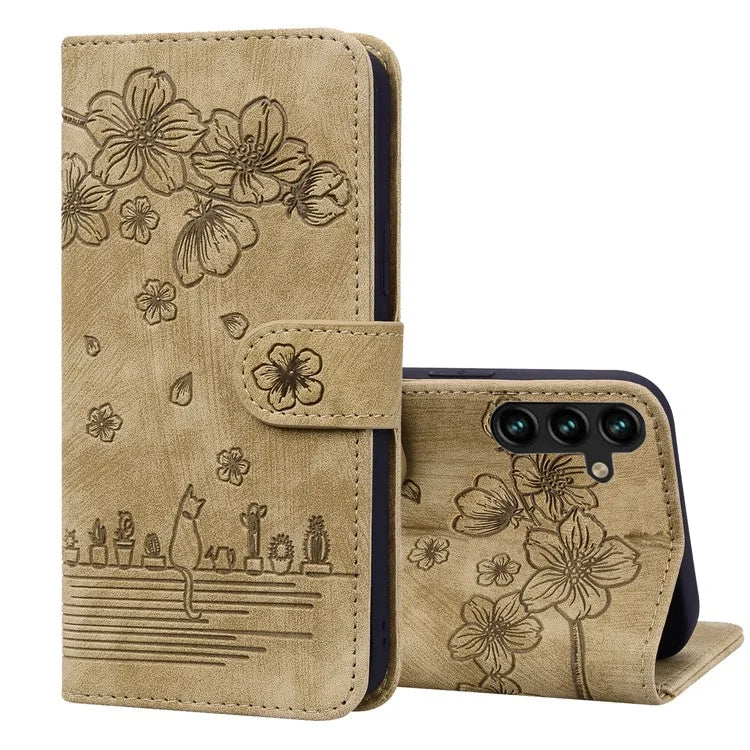 For Samsung Galaxy A55 5G Leather Case Imprinted Flower Cat Phone Cover with Hand Strap