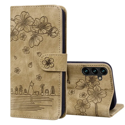 For Samsung Galaxy A55 5G Leather Case Imprinted Flower Cat Phone Cover with Hand Strap