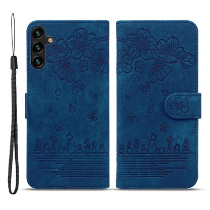 For Samsung Galaxy A55 5G Leather Case Imprinted Flower Cat Phone Cover with Hand Strap