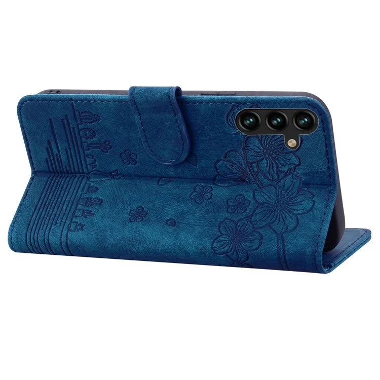 For Samsung Galaxy A55 5G Leather Case Imprinted Flower Cat Phone Cover with Hand Strap