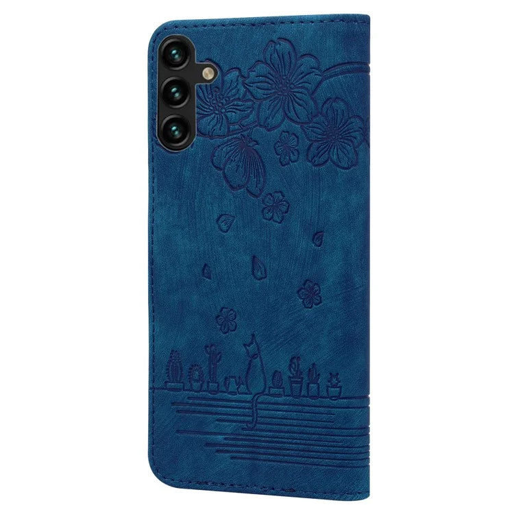 For Samsung Galaxy A55 5G Leather Case Imprinted Flower Cat Phone Cover with Hand Strap