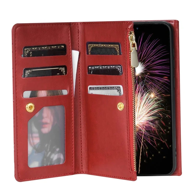 BKS-002 For Samsung Galaxy A34 5G Leather Phone Case 7 Card Slots Zipper Pocket Cover with Straps