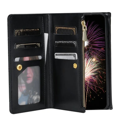 BKS-002 For Samsung Galaxy A34 5G Leather Phone Case 7 Card Slots Zipper Pocket Cover with Straps