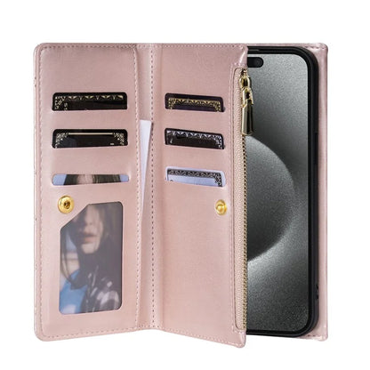 BKS-002 For iPhone 14 Pro Max Crossbody Case Leather Folio Wallet Phone Cover with 7 Card Holder