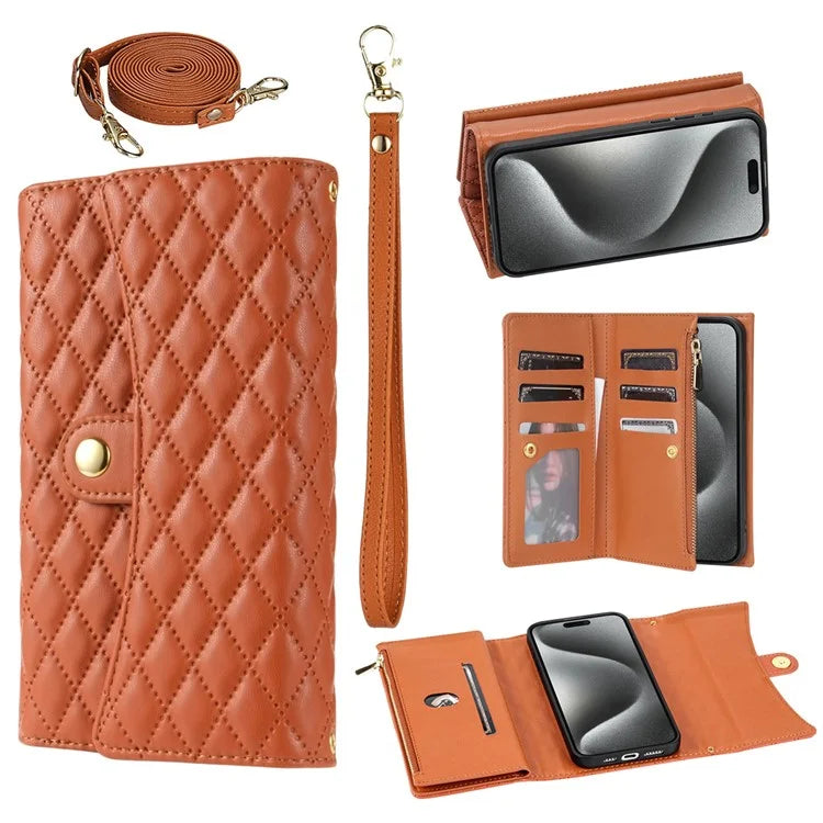 BKS-002 For iPhone 15 Cell Phone Case 7 Card Slots Crossbody Leather Cover