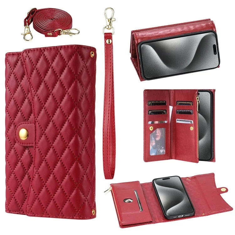 BKS-002 For iPhone 15 Cell Phone Case 7 Card Slots Crossbody Leather Cover