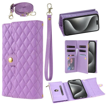 BKS-002 For iPhone 15 Cell Phone Case 7 Card Slots Crossbody Leather Cover