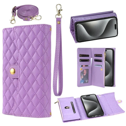 BKS-002 For iPhone 15 Plus Case Rhombus Imprinted Zipper Pocket Cover with 2 Straps