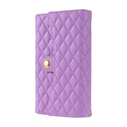 BKS-002 For iPhone 15 Plus Case Rhombus Imprinted Zipper Pocket Cover with 2 Straps