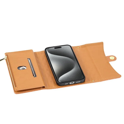 BKS-002 For iPhone 15 Plus Case Rhombus Imprinted Zipper Pocket Cover with 2 Straps