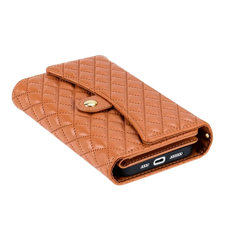 BKS-002 For iPhone 15 Plus Case Rhombus Imprinted Zipper Pocket Cover with 2 Straps