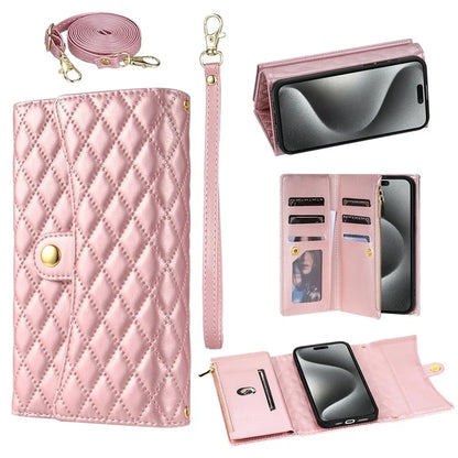 BKS-002 For iPhone 15 Plus Case Rhombus Imprinted Zipper Pocket Cover with 2 Straps