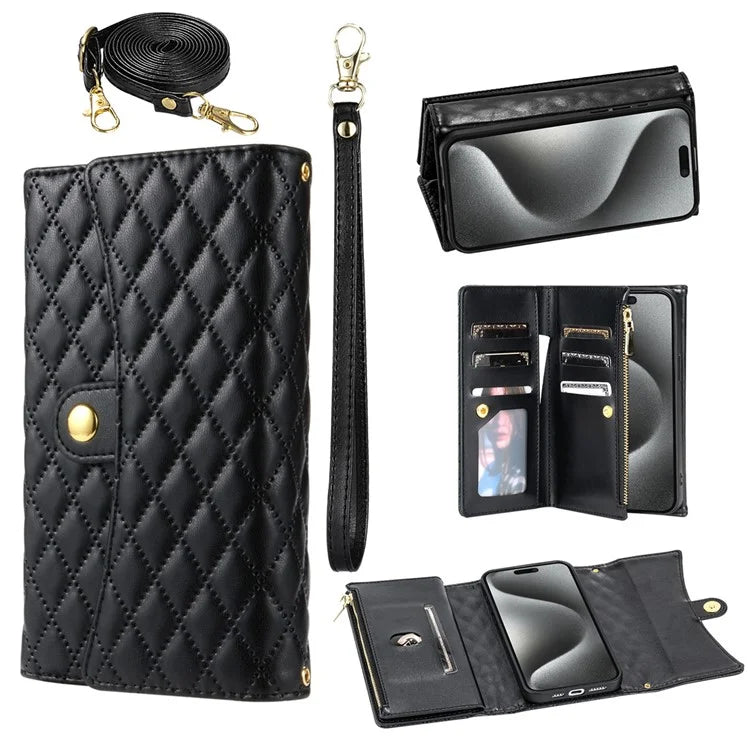 BKS-002 For iPhone 15 Plus Case Rhombus Imprinted Zipper Pocket Cover with 2 Straps