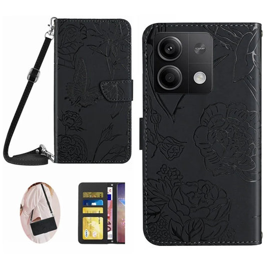 HT03 For Xiaomi Redmi Note 13 4G Cell Phone Case Imprinted Leather Cover with Long Strap