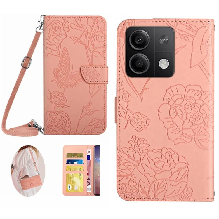 HT03 For Xiaomi Redmi Note 13 4G Cell Phone Case Imprinted Leather Cover with Long Strap