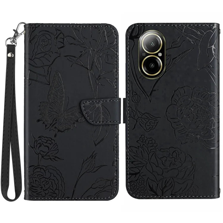 HT03 For Realme C67 4G Phone Case Leather Skin-touch Card Slots Cover with Hand Strap