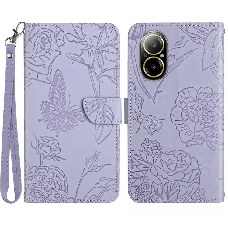 HT03 For Realme C67 4G Phone Case Leather Skin-touch Card Slots Cover with Hand Strap