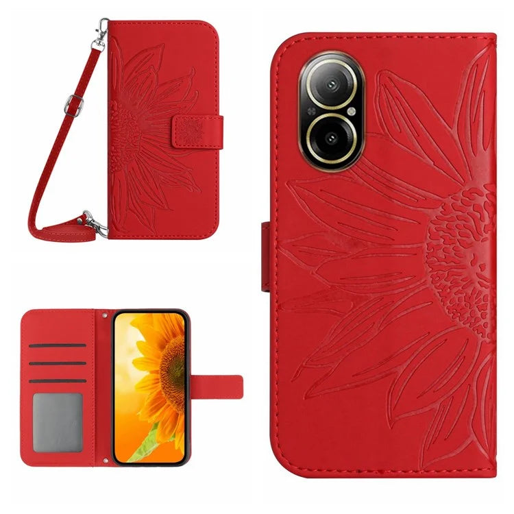 HT04 For Realme C67 4G Magnetic Phone Case Leather Sunflower Imprint Stand Cover