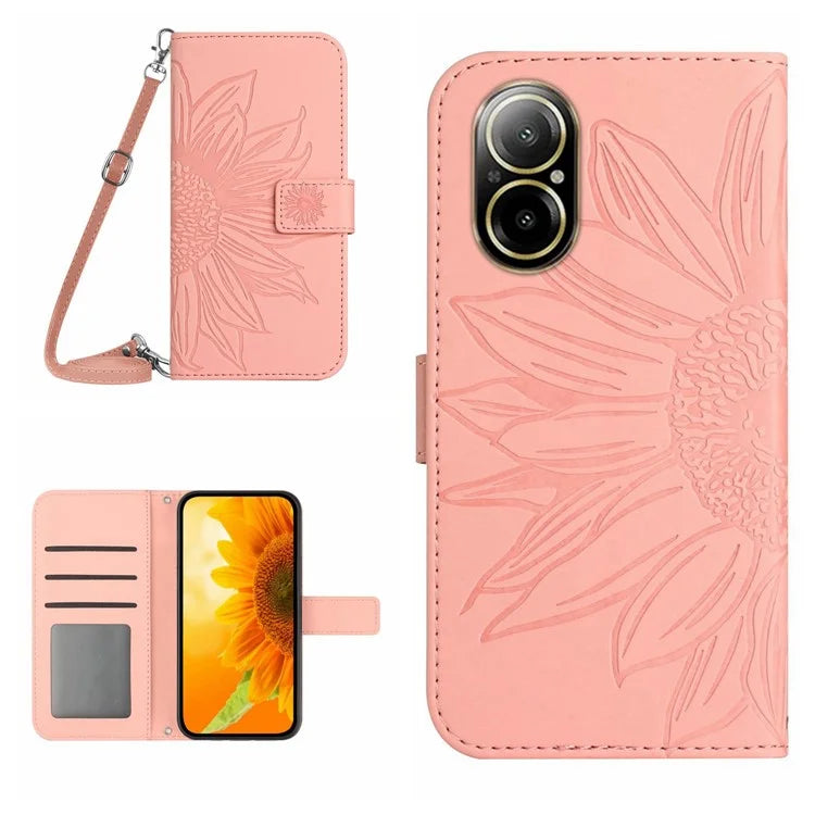 HT04 For Realme C67 4G Magnetic Phone Case Leather Sunflower Imprint Stand Cover