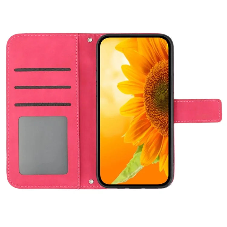 HT04 For Realme C67 4G Magnetic Phone Case Leather Sunflower Imprint Stand Cover
