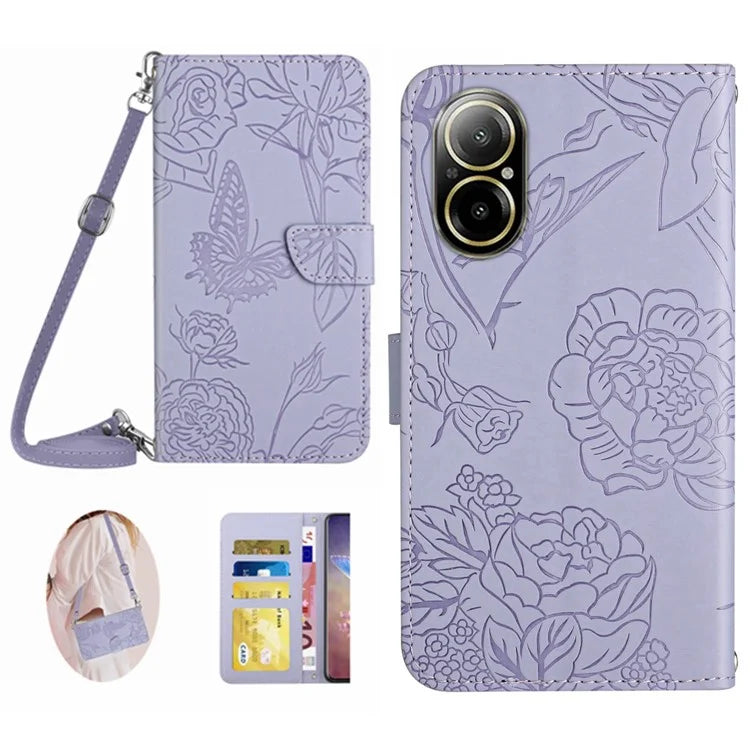 HT03 For Realme C67 4G Case Imprinted Stand Leather Phone Cover with Shoulder Strap