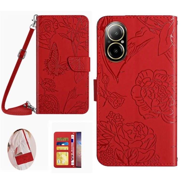 HT03 For Realme C67 4G Case Imprinted Stand Leather Phone Cover with Shoulder Strap