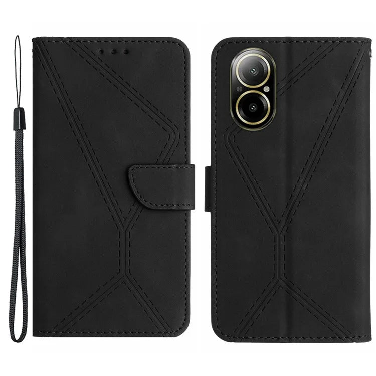 HT05 For Realme C67 4G Case Wallet Imprinted Line Phone Cover with Wrist Strap