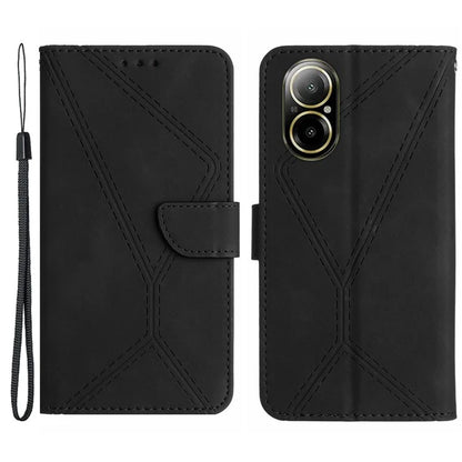 HT05 For Realme C67 4G Case Wallet Imprinted Line Phone Cover with Wrist Strap