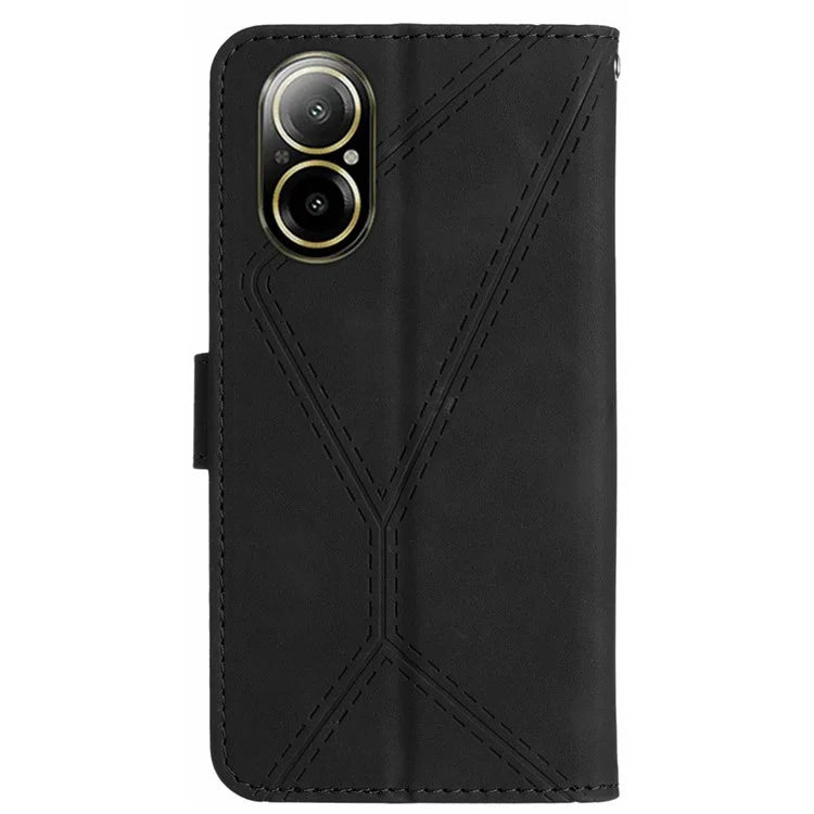 HT05 For Realme C67 4G Case Wallet Imprinted Line Phone Cover with Wrist Strap