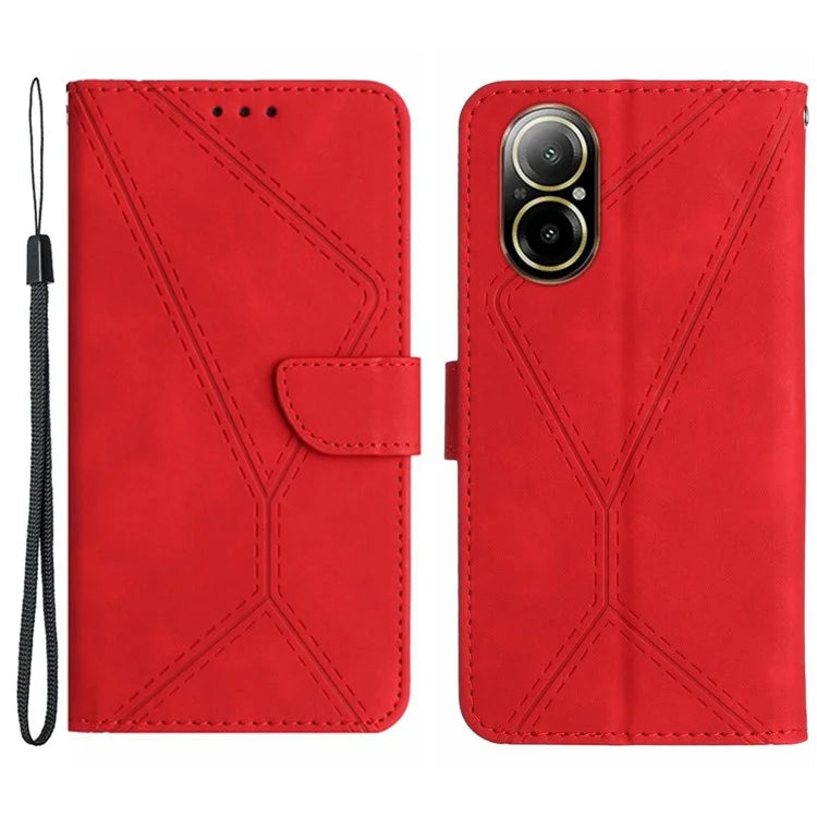 HT05 For Realme C67 4G Case Wallet Imprinted Line Phone Cover with Wrist Strap