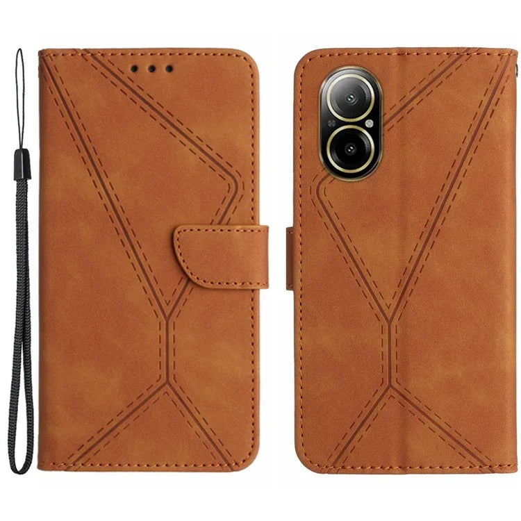 HT05 For Realme C67 4G Case Wallet Imprinted Line Phone Cover with Wrist Strap