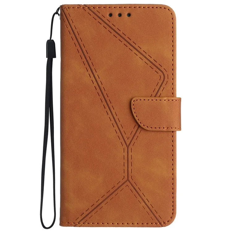 HT05 For Realme C67 4G Case Wallet Imprinted Line Phone Cover with Wrist Strap