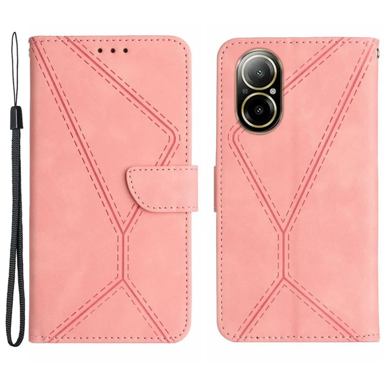 HT05 For Realme C67 4G Case Wallet Imprinted Line Phone Cover with Wrist Strap