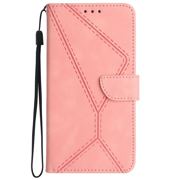 HT05 For Realme C67 4G Case Wallet Imprinted Line Phone Cover with Wrist Strap