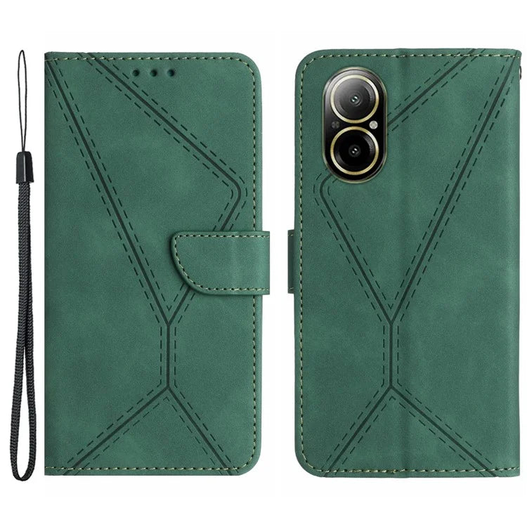 HT05 For Realme C67 4G Case Wallet Imprinted Line Phone Cover with Wrist Strap