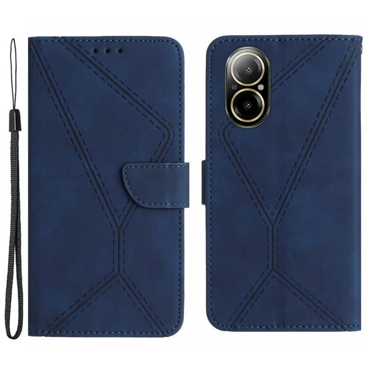 HT05 For Realme C67 4G Case Wallet Imprinted Line Phone Cover with Wrist Strap