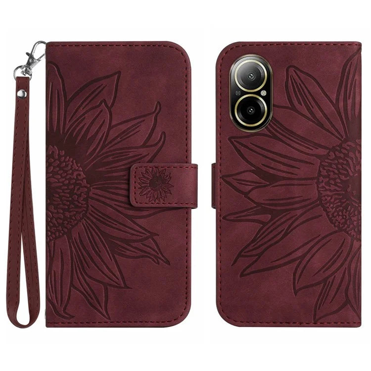 HT04 For Realme C67 4G Leather Phone Case Sunflower Pattern Flip Wallet Cover with Hand Strap