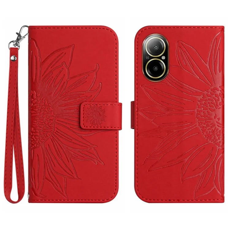 HT04 For Realme C67 4G Leather Phone Case Sunflower Pattern Flip Wallet Cover with Hand Strap