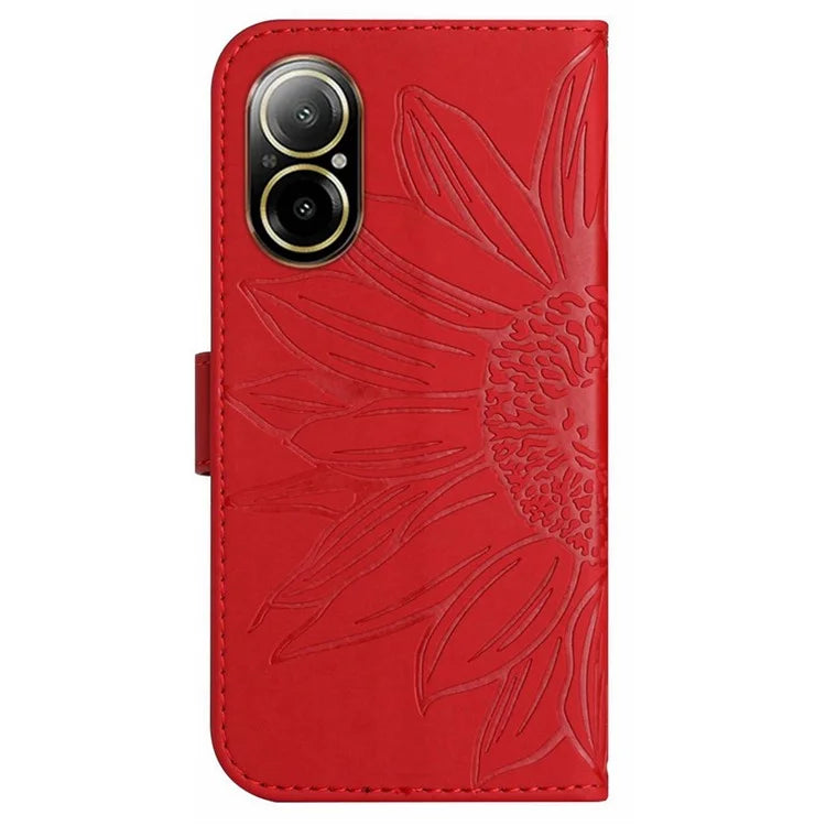 HT04 For Realme C67 4G Leather Phone Case Sunflower Pattern Flip Wallet Cover with Hand Strap
