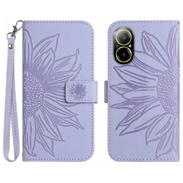 HT04 For Realme C67 4G Leather Phone Case Sunflower Pattern Flip Wallet Cover with Hand Strap
