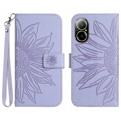 HT04 For Realme C67 4G Leather Phone Case Sunflower Pattern Flip Wallet Cover with Hand Strap