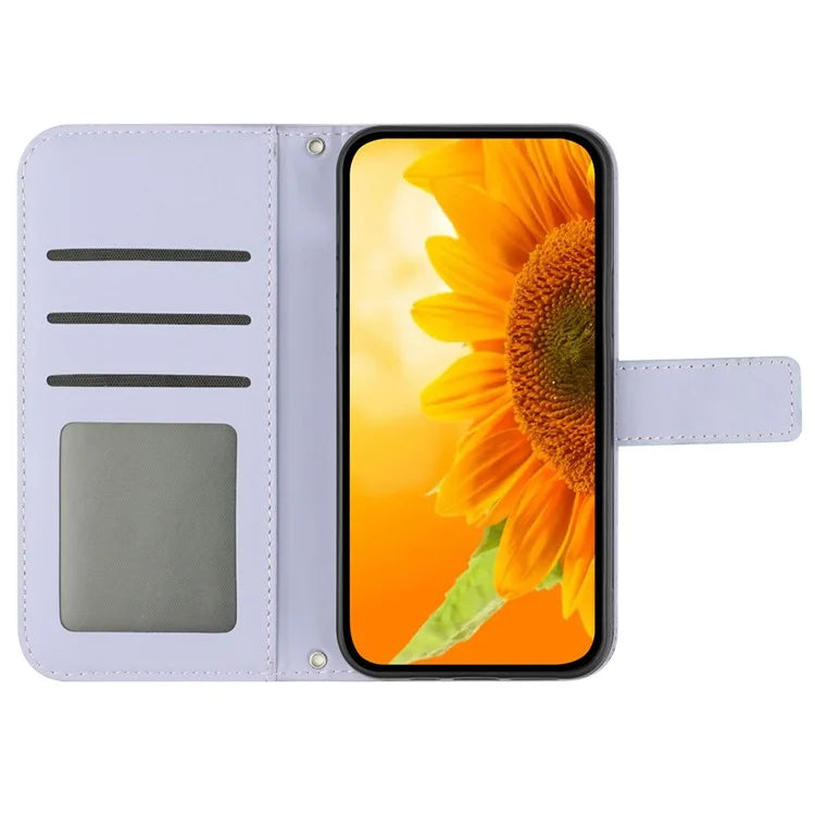 HT04 For Realme C67 4G Leather Phone Case Sunflower Pattern Flip Wallet Cover with Hand Strap