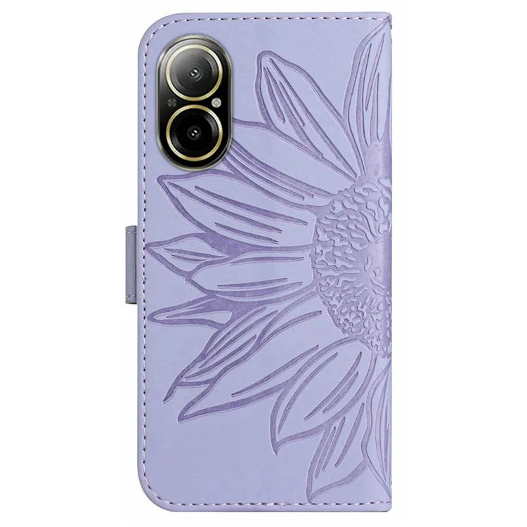 HT04 For Realme C67 4G Leather Phone Case Sunflower Pattern Flip Wallet Cover with Hand Strap