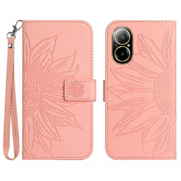 HT04 For Realme C67 4G Leather Phone Case Sunflower Pattern Flip Wallet Cover with Hand Strap