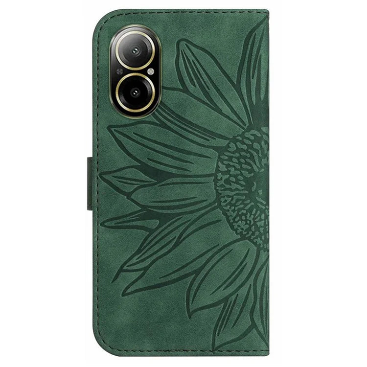 HT04 For Realme C67 4G Leather Phone Case Sunflower Pattern Flip Wallet Cover with Hand Strap