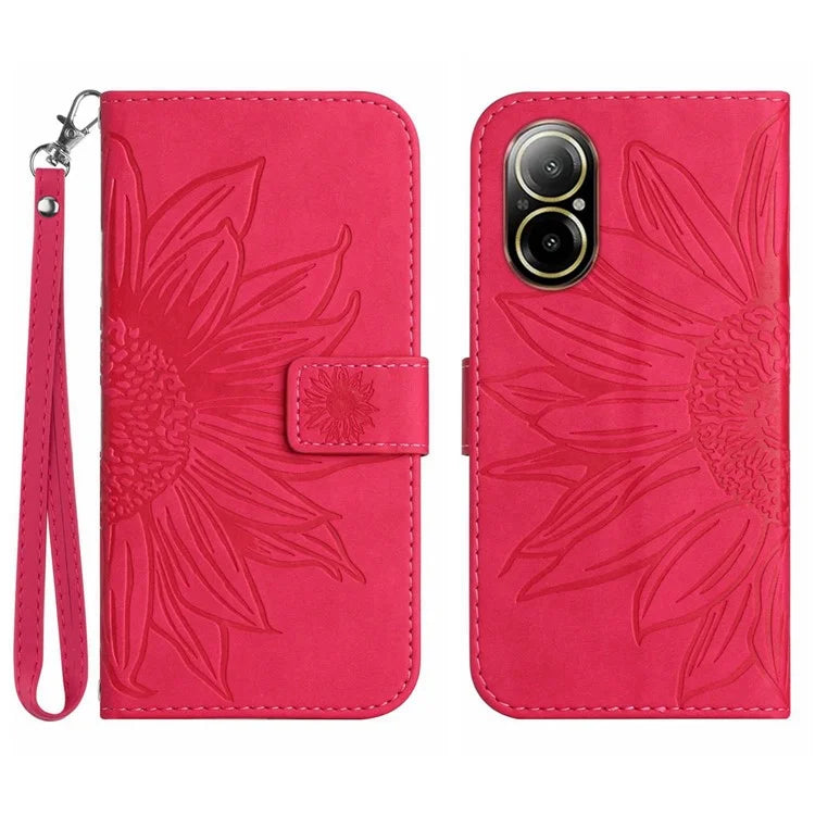 HT04 For Realme C67 4G Leather Phone Case Sunflower Pattern Flip Wallet Cover with Hand Strap